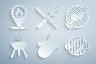 Fırın eldiveni, ızgara biftek, sosis çapraz bıçak, spatula ve ateş ikonu. Vektör