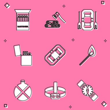 Kibrit kutusunu ve kibriti, tahta baltayı, rafting teknesini, çakmağı ateşle yakmayı, kantin su şişesini ve el feneri ikonunu ayarlayın. Vektör