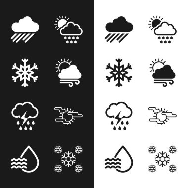 Rüzgarlı hava, Kar Tanesi, Yağmurlu Bulut, Kar ve Güneş, Şimşek ve Sis ikonu. Vektör