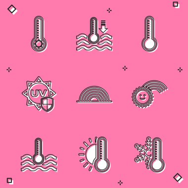Meteoroloji termometresi, su, ultraviyole koruma, gökkuşağı, güneş ve termometre simgesini ayarla. Vektör