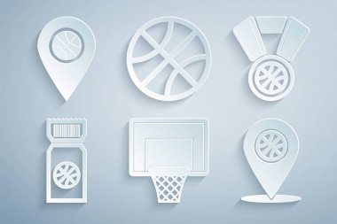 Basketbol sehpası, madalya, maç bileti, basketbollu konum ve ikon. Vektör