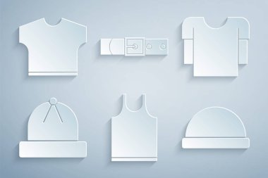 Kolsuz tişört, uzun kollu gömlek, kış şapkası, Beanie, deri kemer ve ikon. Vektör