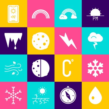 Su damlası, Kar Tanesi, Fırtına, Bulutlu Gökkuşağı, Ay, Buz Salkımı, Hava Durumu ve Şimşek ikonu. Vektör
