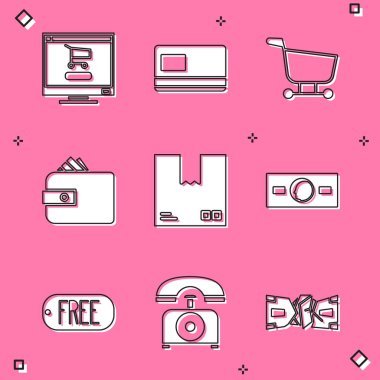 Alışveriş arabasını bilgisayarda, kredi kartında, cüzdanda kağıt para, karton kutu trafik sembolü, Kağıt, Fiyat etiketi olmayan metin ve telefon ikonu. Vektör