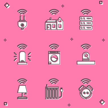 Akıllı elektrik prizi, kablosuz, sunucu, teşhirci siren, çamaşır makinesi, güvenlik kamerası, masa lambası ve ısıtıcı ikonu olan ev. Vektör