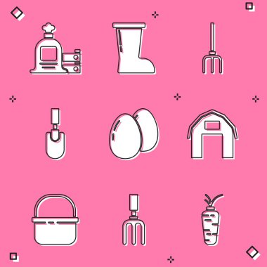 Çuval, tahta kutu, su geçirmez lastik bot, tırmık, kürek, kürek, tavuk yumurtası, çiftlik evi, sepet ve tırmık ikonu. Vektör