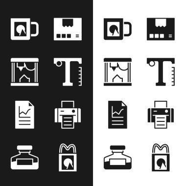 Metin, 3D yazıcı, kahve fincanı, karton kutu, grafik grafikli belge, yazıcı, kağıt alışveriş torbası ve mürekkep şişesi ikonu. Vektör