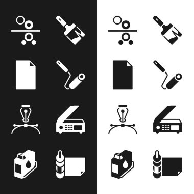 Boya fırçasını, boş belgeyi, basım makinesi kağıdını, dolmakalem ucunu, tarayıcıyı, rulo kağıdı ve yazıcı mürekkep kartuşu simgesini ayarla. Vektör