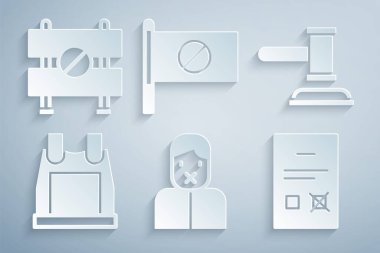 Sansür ve konuşma özgürlüğü, yargıç tokmağı, kurşun geçirmez yelek, anket belgesi, protesto ve yol bariyeri ikonu. Vektör