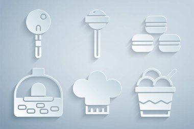 Şef şapkası, makarna kurabiyesi, tuğla soba, kasede dondurma, lolipop ve ikon. Vektör