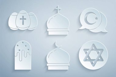 Müslüman Camii, Yıldız ve Hilal, Paskalya pastası, Davut, Kilise Kulesi ve yumurta ikonu. Vektör