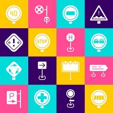 Yaya geçidini, trafik işaretini sollama yok, dur, ünlem işareti üçgeni, hız limiti ve hastane simgesi. Vektör