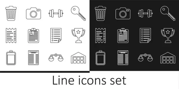 Set Line Warehouse Trophy Cup Dumbbell Clipboard Resume Paper Financial Stock Vector