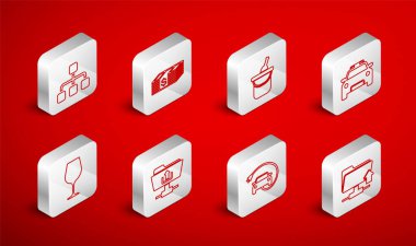 FTP dosya yükleme hattı, kağıt para dolar nakit, bir şişe şarap kovada, polis arabası ve teşhirci, elektrik, hiyerarşi organizogramı ve şarap cam ikonu. Vektör