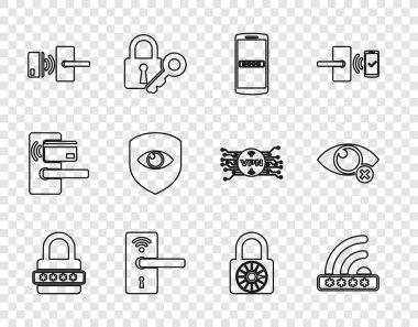 Hat şifresini ayarla, Wifi kilitlendi, mobil ve şifre, kablosuz dijital kapı, Kalkan göz, güvenli kombinasyon tekerleği ve görünmez gizleme simgesi. Vektör
