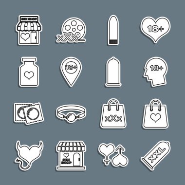 Set line Condom safe sex, Shopping bag with heart, Head 18 plus, Dildo vibrator, Location, Bottle pills for potency, Sex shop building and  icon. Vector