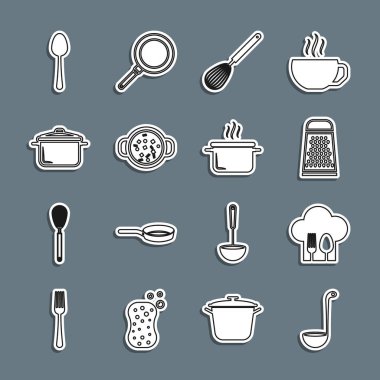 Mutfak kepçesi, çatal ve kaşıklı Şef şapkası, Grater, çırpıcı, tencerede çorba, kaşık ve ikon. Vektör