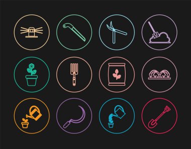 Bahçe küreği, otomatik sulama fıskiyeleri, bahçe yapımı el yapımı makas, çatal, saksı, gübre torbası ve bir simge. Vektör