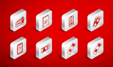 Satır müze bileti, Kapak Kitabı Seyahat Rehberi, Cep Telefonu, Havayolu, Bilet ve şehir haritası simgesi bilgileri. Vektör