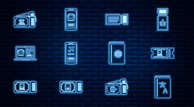 Satır Çevirisi Kitabı, Tren bileti, Bilet, Cep Telefonu, Çevrimiçi Araba Paylaşımı, Müze, Kapak Seyahat Rehberi ve Simgesi Ayarla. Vektör