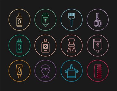 Saç fırçası, erkekler için elektrikli tıraş bıçağı, bir şişe şampuan tıraş jeli köpüğü ve elektrikli saç kesme makinesi ikonu. Vektör