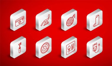 Serum torbası, tıbbi diş koltuğu, cerrahi lamba, astım spreyi, röntgen iğnesi, ilk yardım çantası, bakteri ve otoskop alet ikonu. Vektör