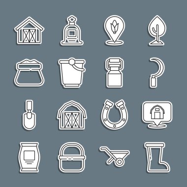 Su geçirmez lastik bot, konum çiftlik evi, orak, mısır, kova, tam çuval, süt ikonu için çiftlik ve konteynır. Vektör