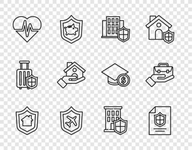 House 'u kalkan, sözleşme, uçak, sağlık sigortası ve el çantası ikonu ile ayarla. Vektör