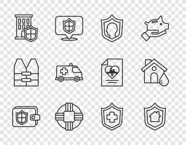 Cüzdanı kalkan, ev, hayat sigortası, Lifebuoy, acil durum arabası, sağlık ve sel ikonu olan bir hat ayarla. Vektör