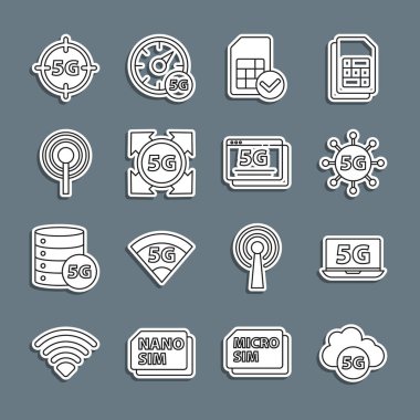 Cloud 5G ağı, dizüstü bilgisayarı, Sim kartı, anten ve simgeyi ayarla. Vektör