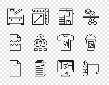 Satır Dosya belgesi, rulo kağıt, fotokopi makinesi, RGB renk karıştırma, bilgisayar monitörü ve kahve fincanı simgesi. Vektör