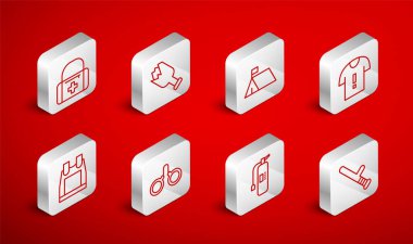 Emniyet çubuğu, kırık şişe silah, protesto kampı, tişört protestosu, yangın söndürücü, ilk yardım çantası, kelepçe ve kurşun geçirmez yelek ikonu. Vektör