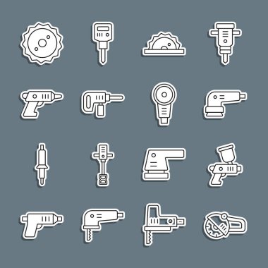 Açılı öğütücü, sprey tabanca, elektrikli zımpara makinesi, elektrikli testere, matkap, kablosuz tornavida, dairesel bıçak ve ikon. Vektör