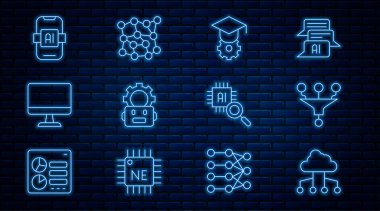 Satır Ağ Bulut bağlantısını ayarla, Huni filtresi, Mezuniyet başlığı, Robot ayarı, Bilgisayar monitörü, Yapay Zeka yapay zekası, İşlemci İşlemcisi ve Sinirsel Ağ simgesi. Vektör