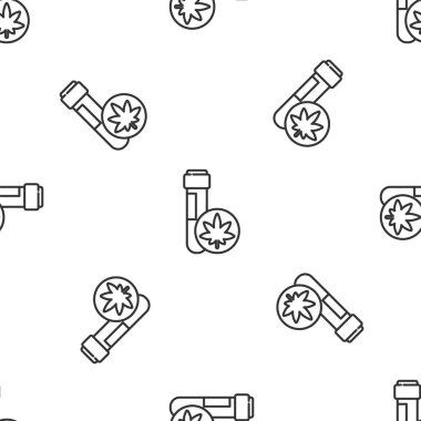 Marihuana ya da kenevir yaprağı ikonlu gri çizgi kimyasal test tüpü beyaz arka planda izole edilmiş. Araştırma konsepti. Laboratuvar CBD yağı. Vektör İllüstrasyonu.