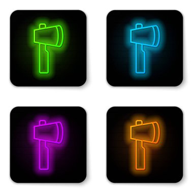 Parlayan neon hattı tahta balta ikonu beyaz arkaplanda izole edildi. Oduncu baltası. Siyah kare düğme. Vektör.