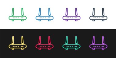 Grunge Router ve wi-fi sinyal ikonu beyaz arkaplanda izole edildi. Kablosuz ethernet modem yönlendirici. Bilgisayar teknolojisi interneti. Tek renkli klasik çizim. Vektör.