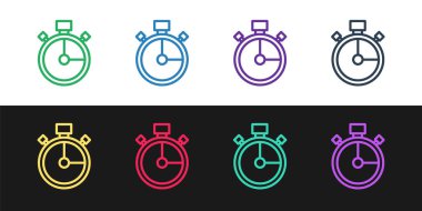 Stopwatch simgesini siyah ve beyaz arkaplanda izole et. Zaman göstergesi. Kronometre işareti. Vektör.