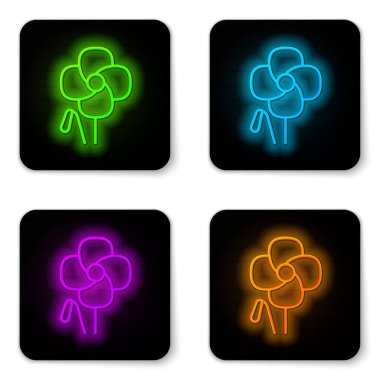 Parlayan neon hattı Poppy çiçek simgesi beyaz arkaplanda izole edildi. Siyah kare düğme. Vektör.
