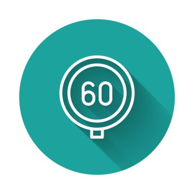Beyaz çizgi hız sınırı trafik işareti 60 km simgesi uzun gölge arkaplan izole. Yeşil daire düğmesi. Vektör