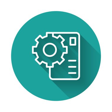 Beyaz çizgi sinirsel ağ simgesi uzun gölge arkaplanı ile izole edildi. Yapay zeka yapay zekası. Yeşil daire düğmesi. Vektör