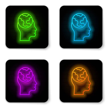 Parlayan neon hattı beyaz arkaplanda izole edilmiş yabancı dil simgesi öğreniyor. Çeviri, dil tercümanı ve iletişim. Siyah kare düğme. Vektör