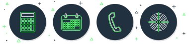 Satır Takvimi, Telefon ahizesi, Hesap Makinesi ve Hedef Spor simgesi ayarla. Vektör