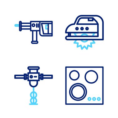 Gaz ocağı, inşaat matkabı, elektrikli testere ve dönme makinesi ikonu. Vektör