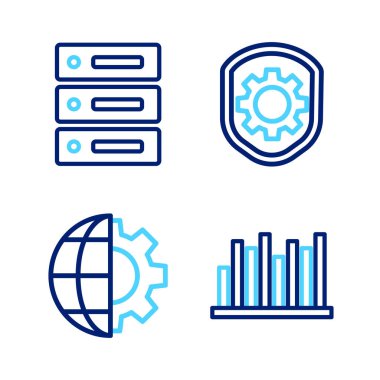 Satır çizelgesi bilgisini, Dünya 'nın Küresi' ni ve teçhizatını ayarla, Ayarları ve Sunucusu olan Kalkan, Data, Web Sunucu simgesi. Vektör