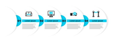 İp bariyerini, medya projektörünü, 8k ve sinema sandalye ikonlu monitörü ayarla. Vektör