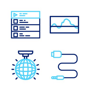 Satır ses kriko, disko topu, müzik dalgası eşitleyici ve çalma listesi simgesi ayarla. Vektör