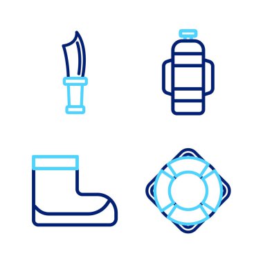 Lifebuoy, Boots, Aqualung ve Dalış bıçağı ikonu. Vektör