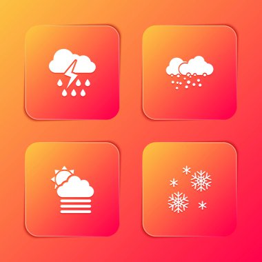 Bulut 'u yağmur, şimşek, kar, sis bulutu, güneş ve kar ikonu ile donat. Vektör.