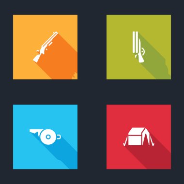 Shotgun, Whistle ve Turist çadırı ikonu. Vektör.